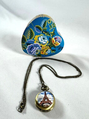 Vintage Eiffel Tower Pocket Watch Necklace & Brighton Floral Heart Tin Bundle